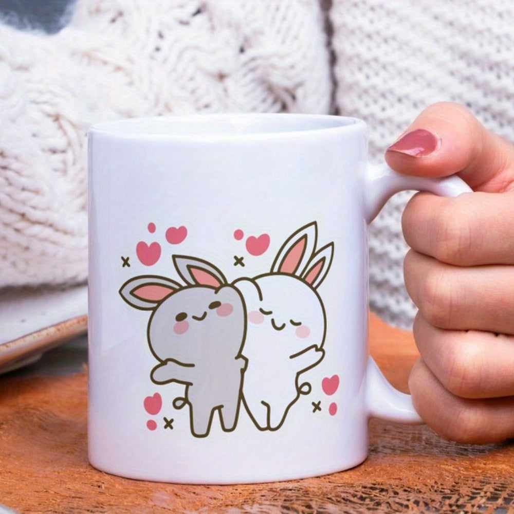 Tailorly White Ceramic 11 oz Mug - Two Adorable Cartoon Bunnies Hugging Surrounded By Floating Pink Hearts Rabbit
