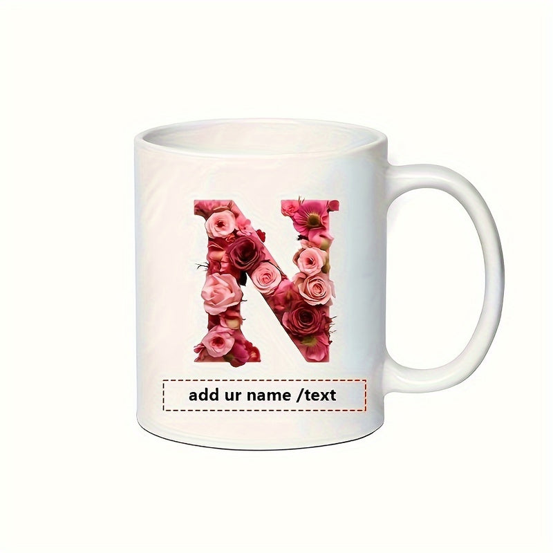 Tailorly White Ceramic 11 oz Mug - Add Ur Name Text Blooming Pink And Red Roses Forming A Majestic Large Letter N Letter