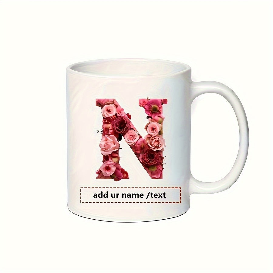 Tailorly White Ceramic 11 oz Mug - Add Ur Name Text Blooming Pink And Red Roses Forming A Majestic Large Letter N Letter
