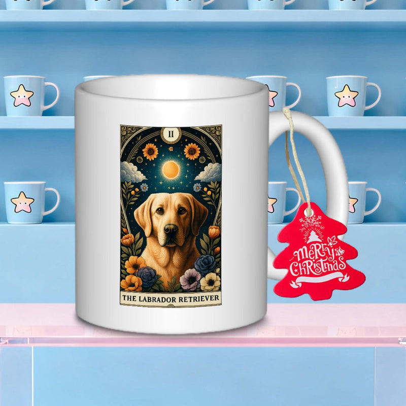 Tailorly White Ceramic 11 oz Mug - The Labrador Retriever Golden Moon In Night Sky With Blooming Flowers And Tarot Frame Retriever