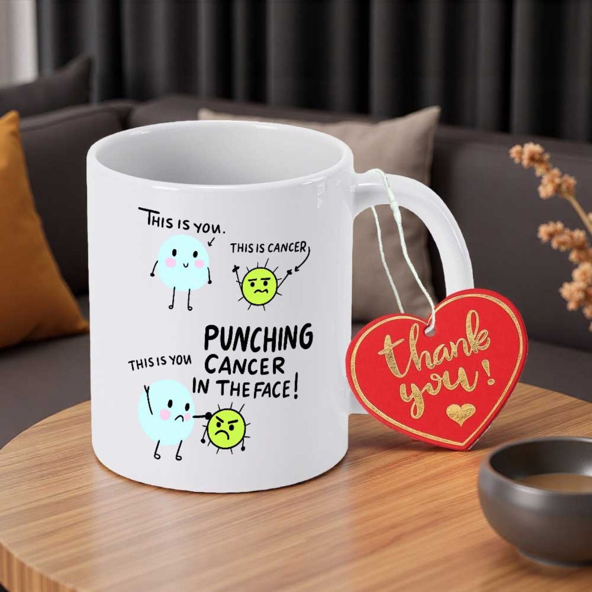 Tailorly White Ceramic 11 oz Mug - This Is You This Is Cancer Punching Cancer In The Face Adorable Blue Blob Character Fighting Green Spikey Virus Cell Mug