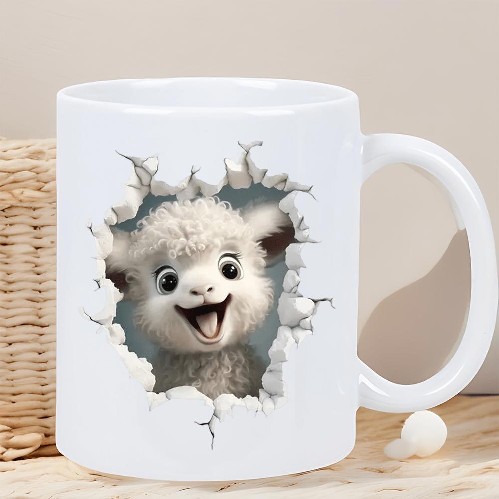 Tailorly White Ceramic 11 oz Mug - Adorable Fluffy Baby Animal Peeking Through Realistic Broken White Wall Effect Alpaca