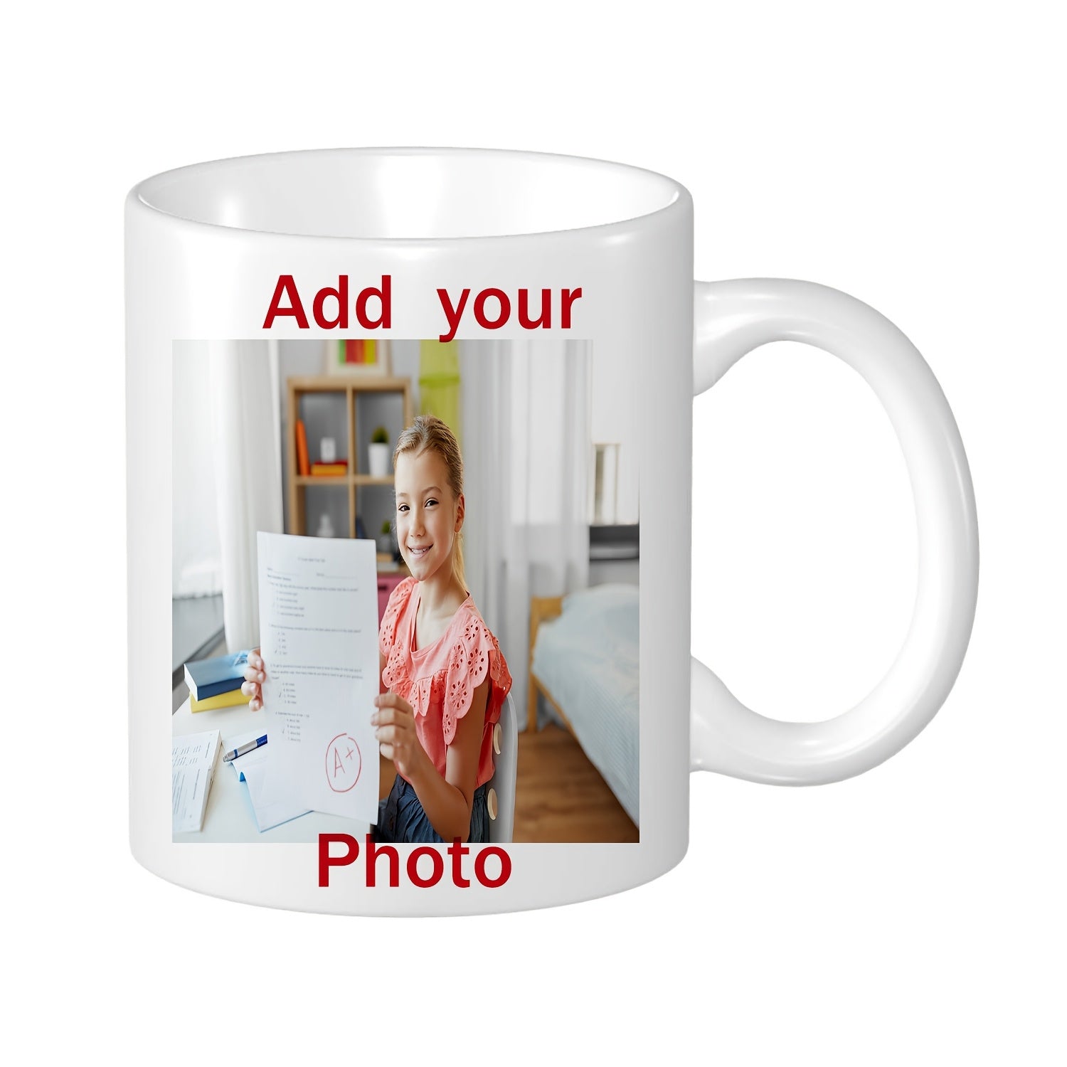 Tailorly White Ceramic 11 oz Mug - Add Your Photo Smiling Girl Holding Achievement Certificate Inside Sunlight Filled Room Mug