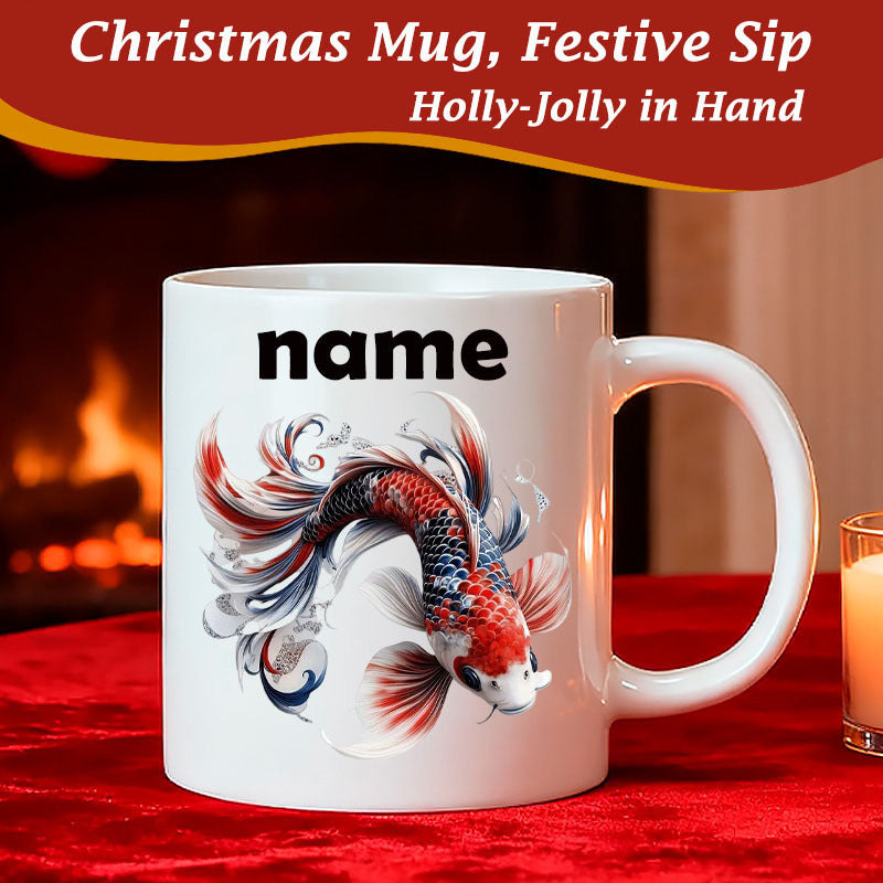 Tailorly White Ceramic 11 oz Mug - Name Christmas Mug Festive Sip Holly Jolly In Hand Intricately Detailed Red And White Swimming With Elegant Flowing Fins Koi