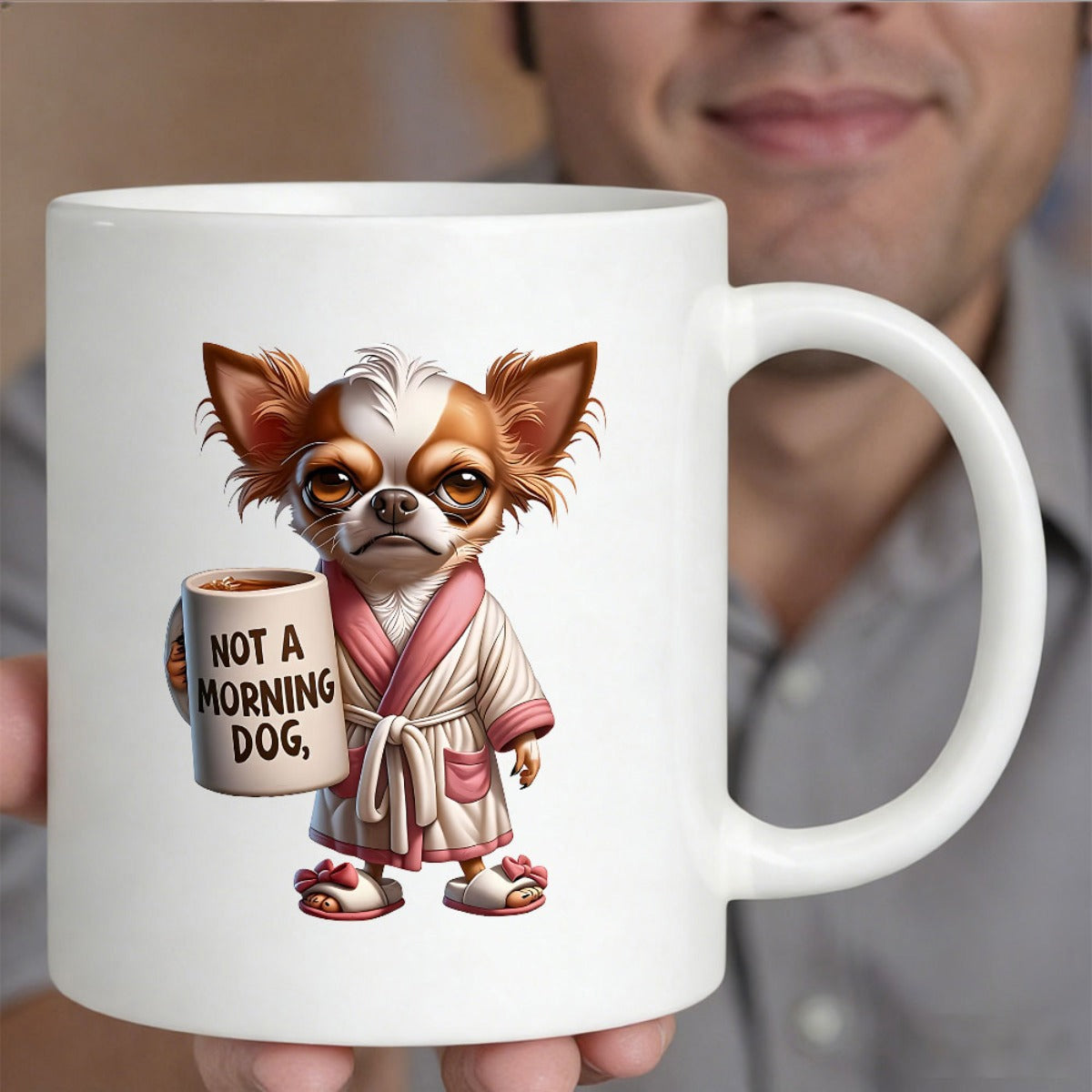 Tailorly White Ceramic 11 oz Mug - Not A Morning Dog Grumpy Tired Puppy Wearing Striped Bathrobe And Fuzzy Slippers Chihuahua