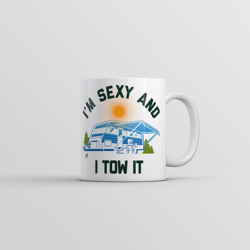 Tailorly White Ceramic 11 oz Mug - Im Sexy And I Tow It Blue Travel Trailer Parked Under A Bright Orange Glowing Sun Among Trees Camper