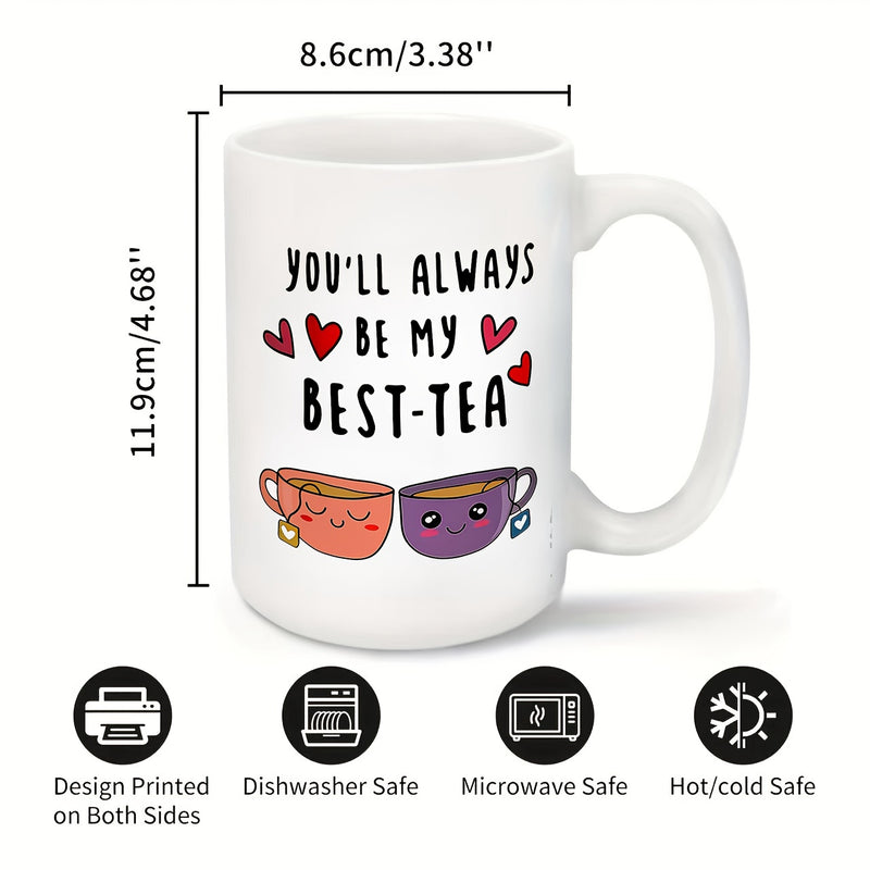Tailorly White Ceramic 11 oz Mug - Youll Always Be My Best Tea Two Smiling Kawaii Style Tea Cups With Vibrant Red Hearts Mug