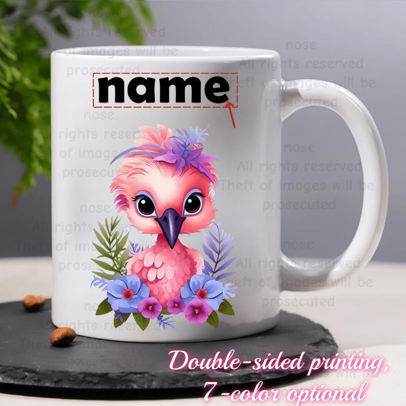 Tailorly White Ceramic 11 oz Mug - Name Cute Baby Pink Flamingo Surrounded By Vibrant Tropical Flowers And Leaves Bird