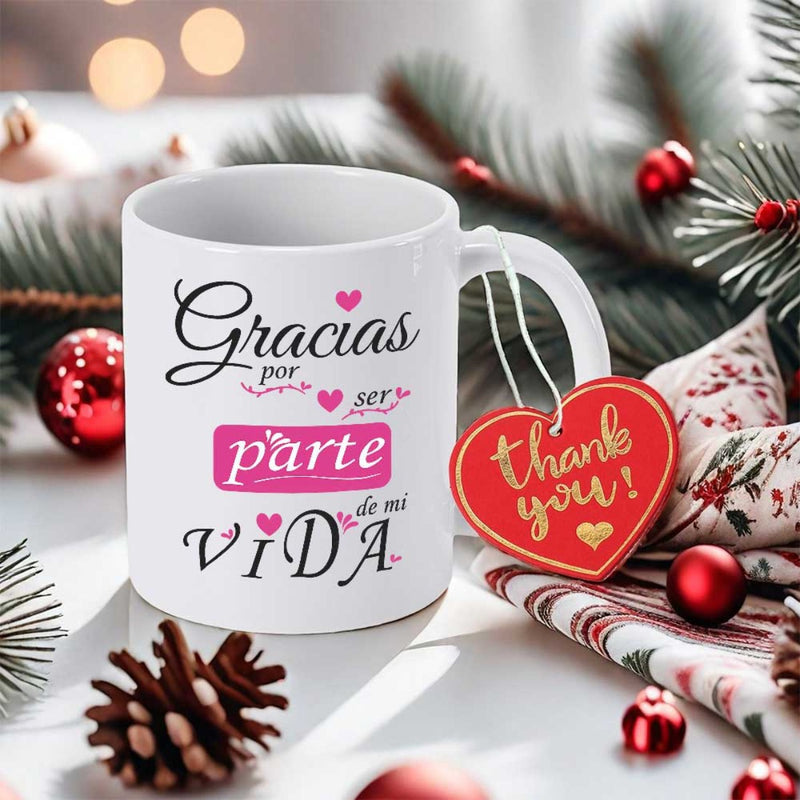 Tailorly White Ceramic 11 oz Mug - Thank You Festive Christmas Scene With Pine Cones And Red Holiday Ornaments Ceramic Mug
