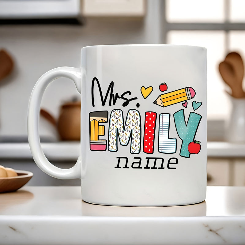 Tailorly White Ceramic 11 oz Mug - Mrs Emily Name Colorful Education Themed Motifs Featuring Small Apples And Hearts Pencil