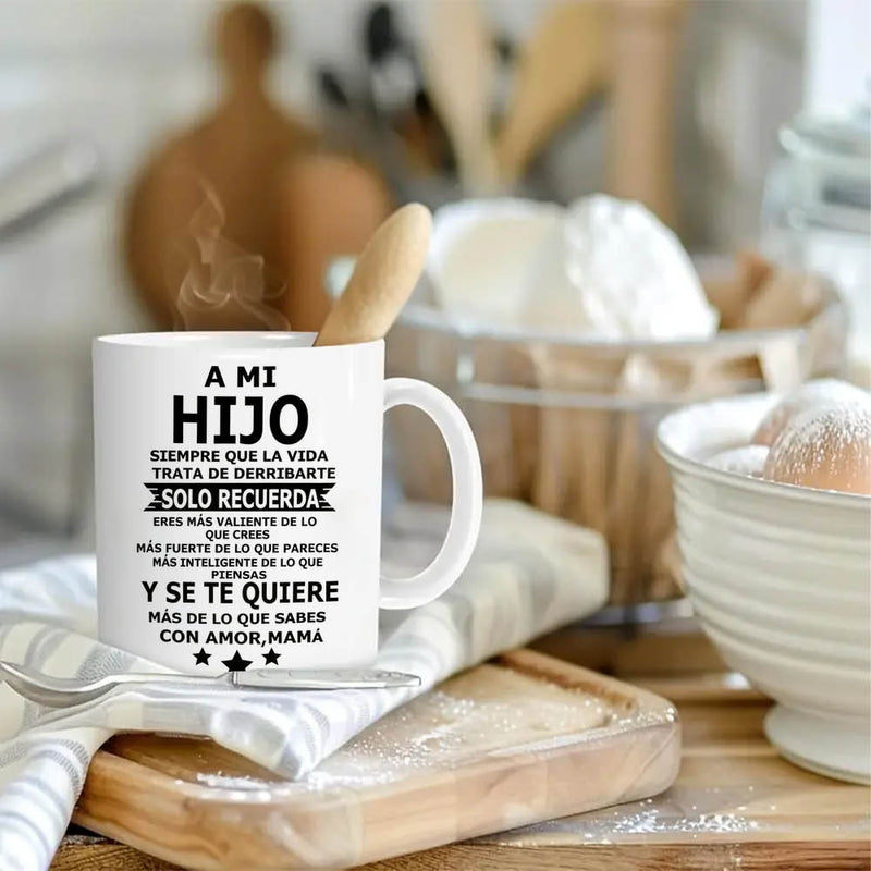 Tailorly White Ceramic 11 oz Mug - Minimalist White Ceramic Cup Displaying Black Sentimental Spanish Script With Stars Mug