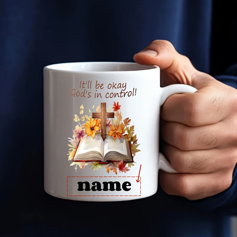 Tailorly White Ceramic 11 oz Mug - Itll Be Okay Gods In Control Name Open Book Resting Under A Wooden Cross Among Autumn Leaves Bible