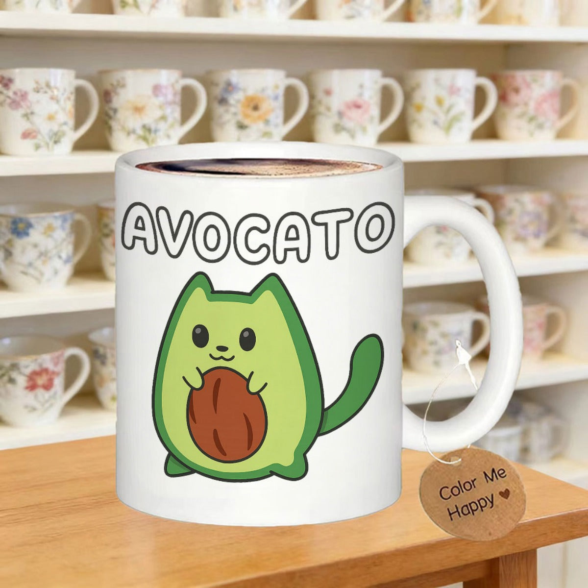 Tailorly White Ceramic 11 oz Mug - Avocato Cute Smiling Green Fruit Kitten Holding A Large Brown Pit Cat