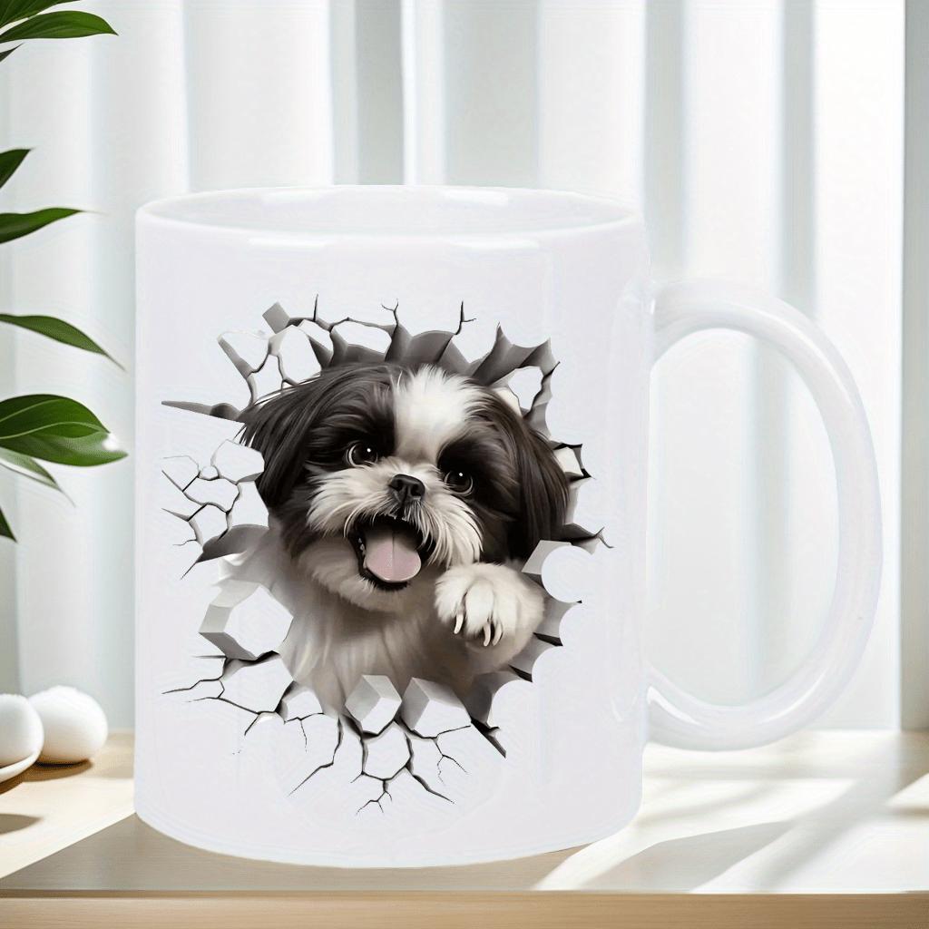 Tailorly White Ceramic 11 oz Mug - Cute Black And White Puppy Bursting Through Realistic 3D Cracked Wall Shih Tzu