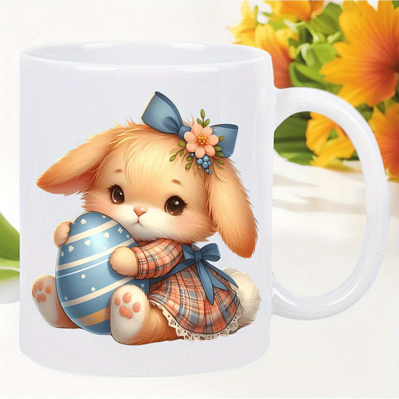 Tailorly White Ceramic 11 oz Mug - Adorable Fluffy Easter Bunny Wearing Plaid Dress Holding Blue Patterned Egg Rabbit