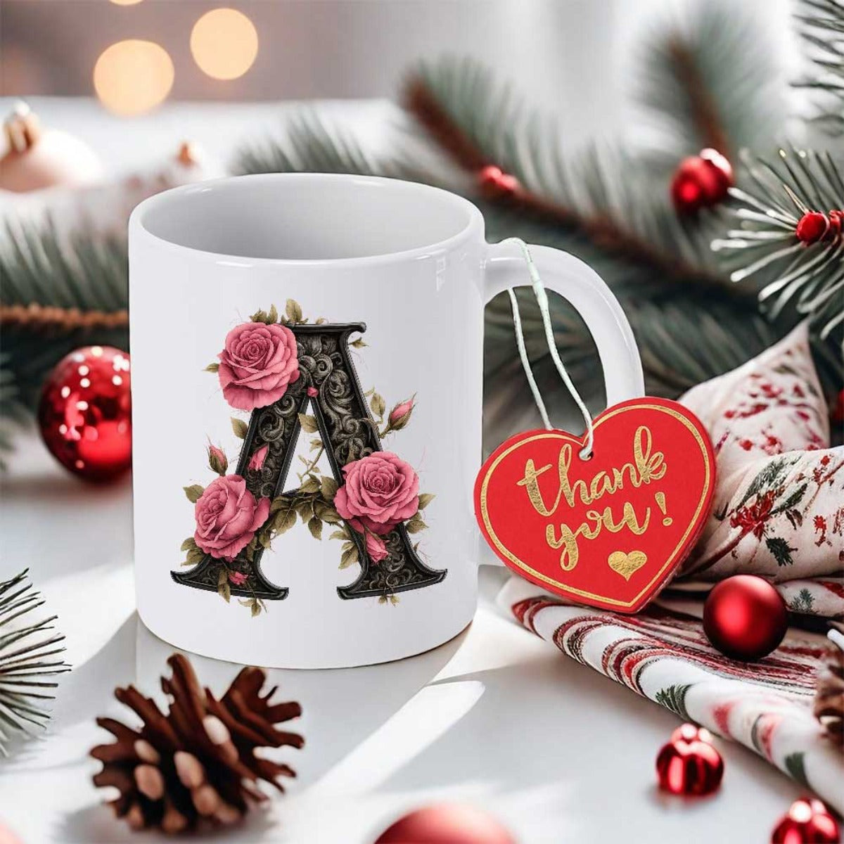 Tailorly White Ceramic 11 oz Mug - Thank You Elegant Floral Monogram Featuring Blooming Pink Roses And Green Leaves Letter