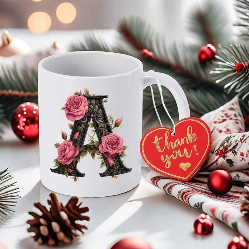Tailorly White Ceramic 11 oz Mug - Thank You Elegant Floral Monogram Featuring Blooming Pink Roses And Green Leaves Letter