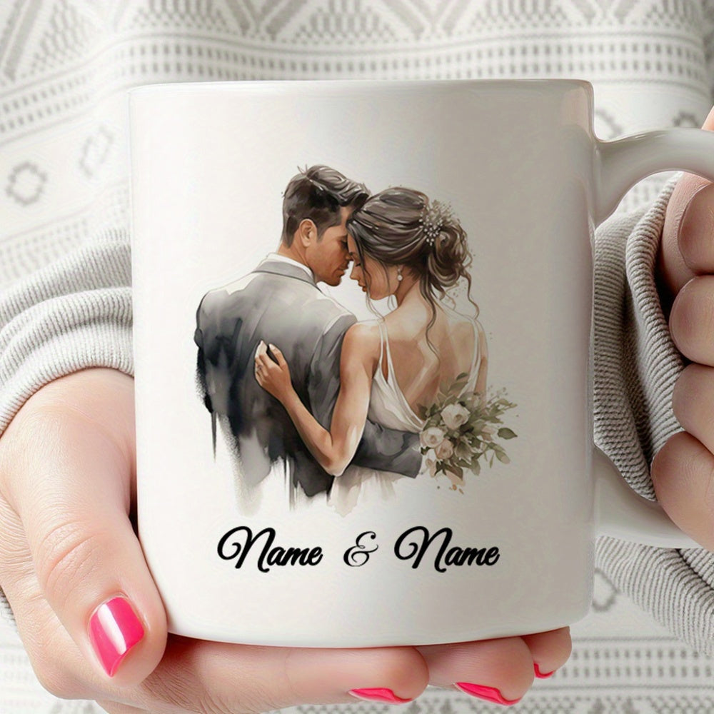 Tailorly White Ceramic 11 oz Mug - Name Name Elegant Watercolor Wedding Illustration Featuring A Romantic Embracing Couple