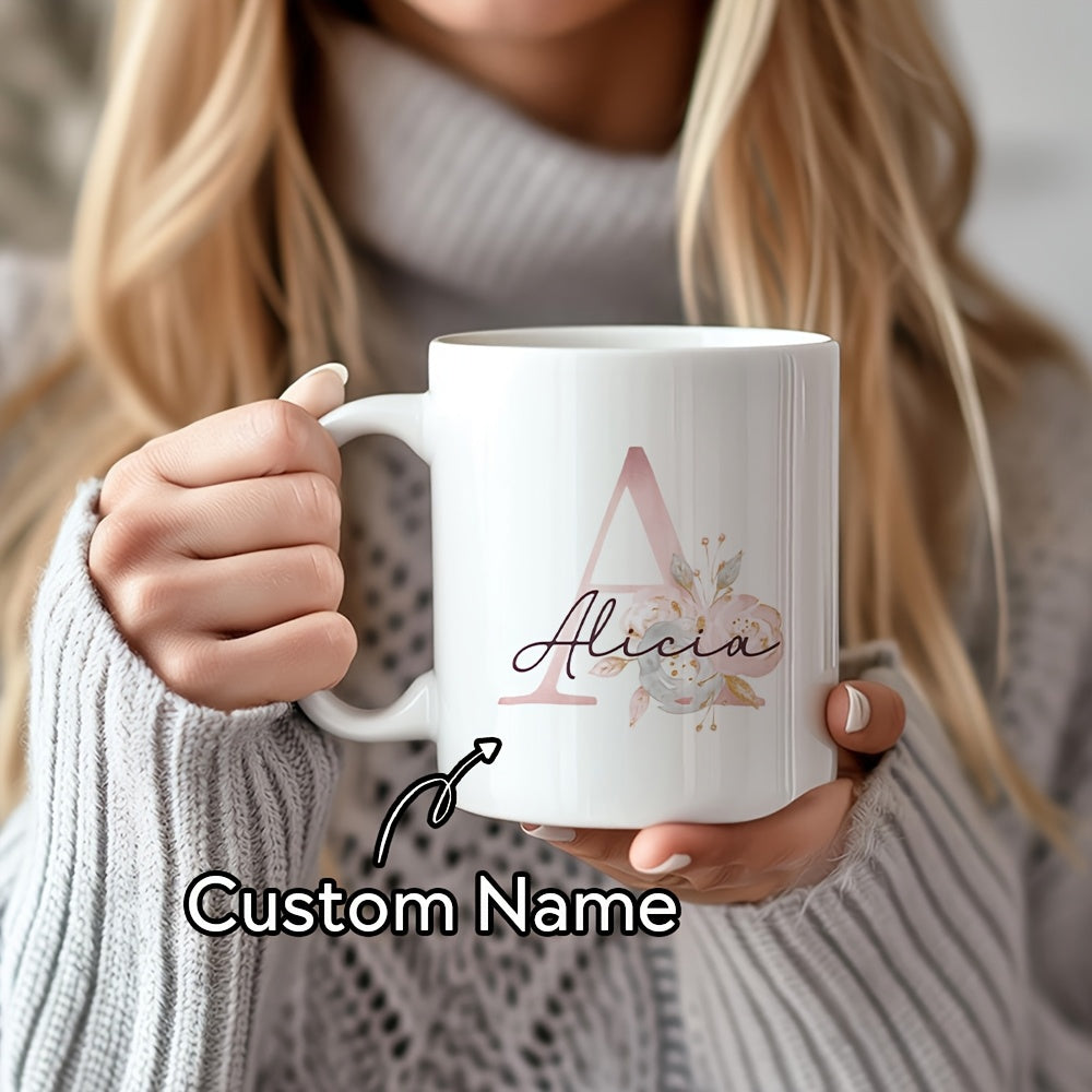 Tailorly White Ceramic 11 oz Mug - Alicia Elegant Rose Gold Initial With Delicate Pastel Watercolor Flowers Letter