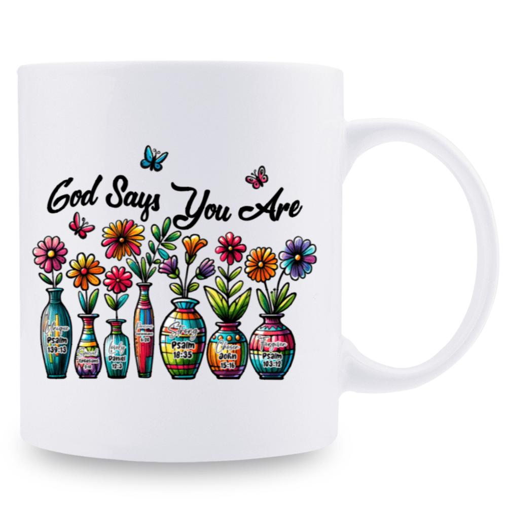 Tailorly White Ceramic 11 oz Mug - God Says You Are Artistic Colorful Vases With Blooming Spring Flowers And Flying Butterflies Vase