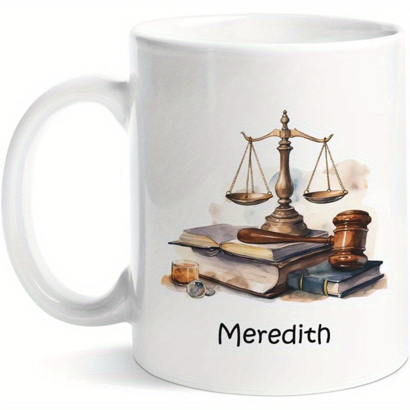 Tailorly White Ceramic 11 oz Mug - Meredith Vintage Legal Scales Of Justice Resting On Stacked Law Books Mug