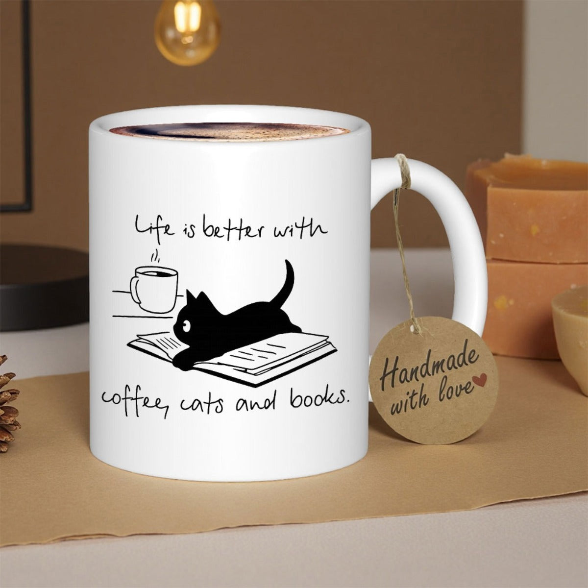 Tailorly White Ceramic 11 oz Mug - Life Is Better With Coffee Cats And Books Adorable Black Kitten Lying On Open Book Near Steaming Cup Cat