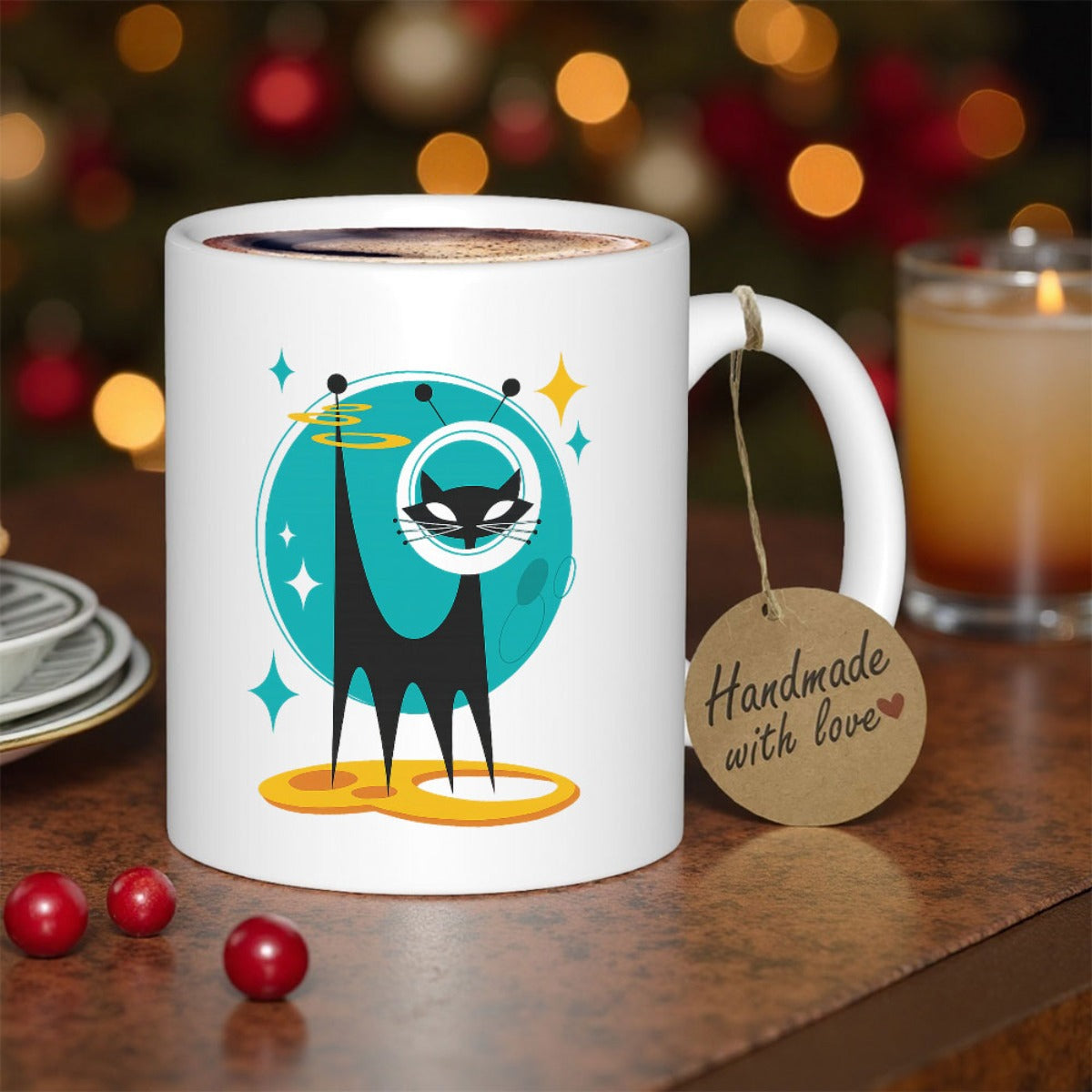 Tailorly White Ceramic 11 oz Mug - Mid Century Modern Space Theme With Retro Stars And Cosmic Silhouette Cat