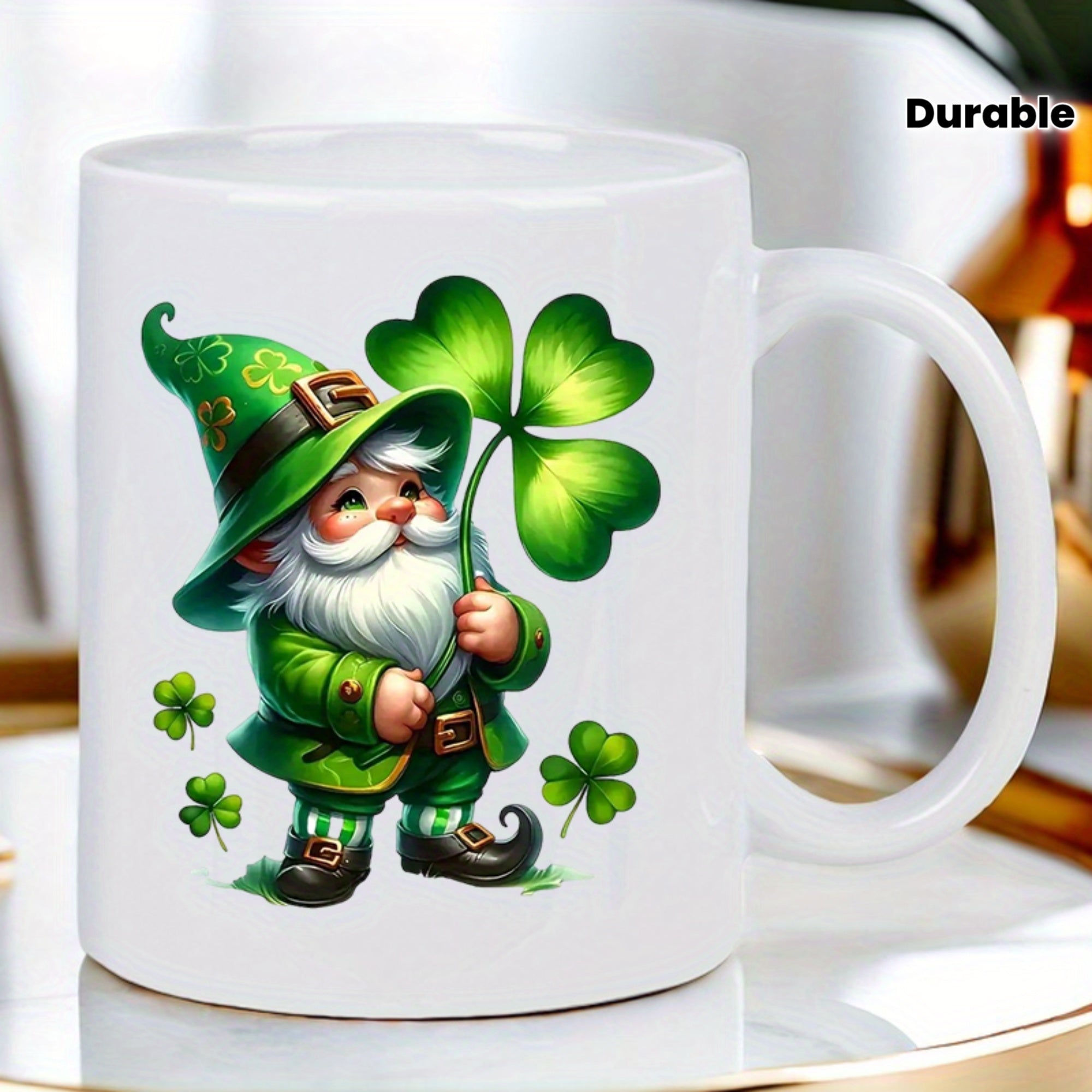Tailorly White Ceramic 11 oz Mug - Durable Charming Leprechaun Wearing Green Hat Holding Large Vibrant Four Leaf Clover Gnome