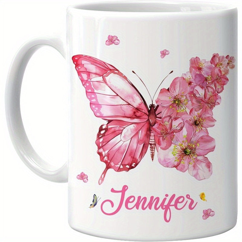 Tailorly White Ceramic 11 oz Mug - Jennifer Pink Floral Wings With Blooming Cherry Blossoms And Elegant Butterfly