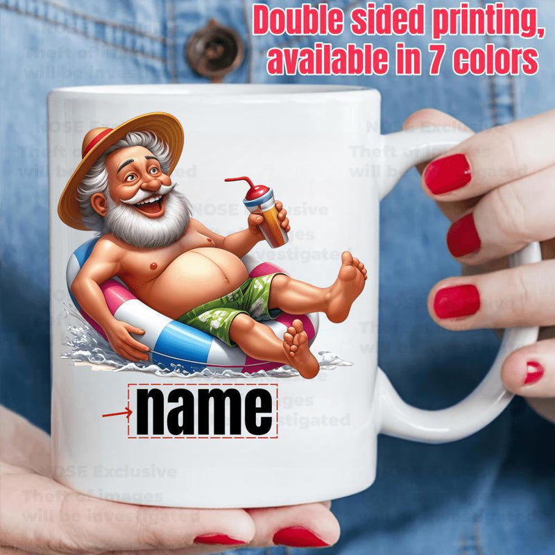 Tailorly White Ceramic 11 oz Mug - Name Jolly Bearded Man Floating In A Colorful Inflatable Ring On Water Santa