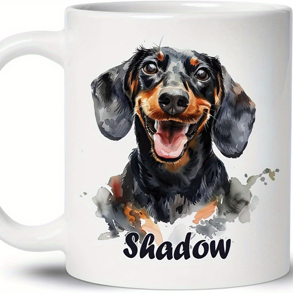 Tailorly White Ceramic 11 oz Mug - Shadow Artistic Watercolor Portrait Of A Smiling Black And Tan Dachshund
