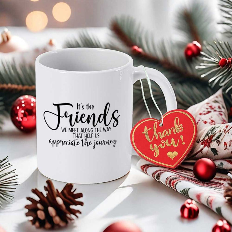 Tailorly White Ceramic 11 oz Mug - Friends Journey Thank You Elegant Ceramic Coffee Cup With Heart Tag Resting Among Pine Branches Mug
