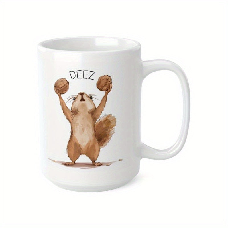 Tailorly White Ceramic 11 oz Mug - Deez Adorable Brown Squirrel Raising Two Large Walnuts Towards The Sky Squirrel