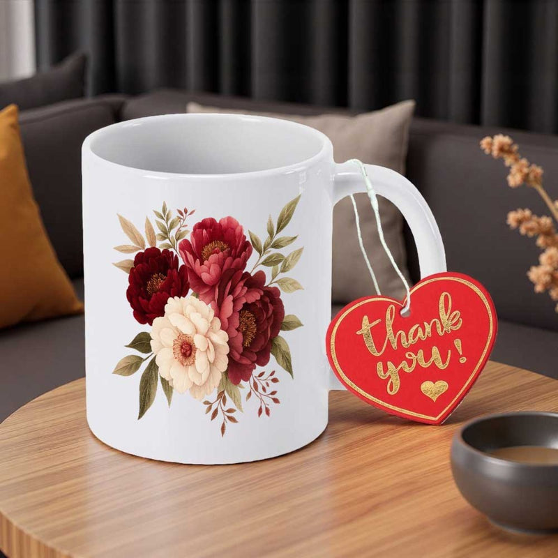 Tailorly White Ceramic 11 oz Mug - Thank You Elegant Deep Red And White Peonies Surrounded By Delicate Greenery Flower