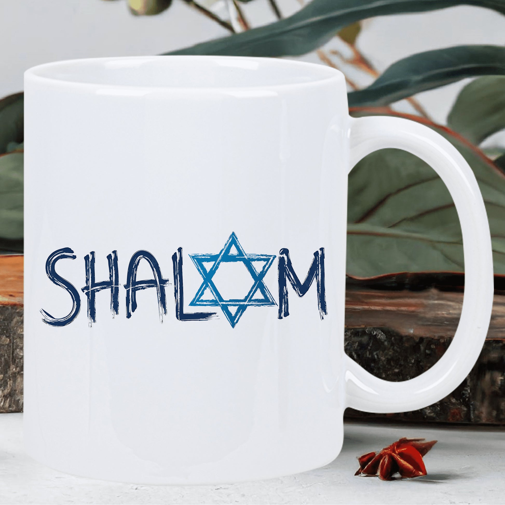 Tailorly White Ceramic 11 oz Mug - Shalom Artistic Hand Painted Blue Hexagram Set Within Sacred Geometric Shape Symbol