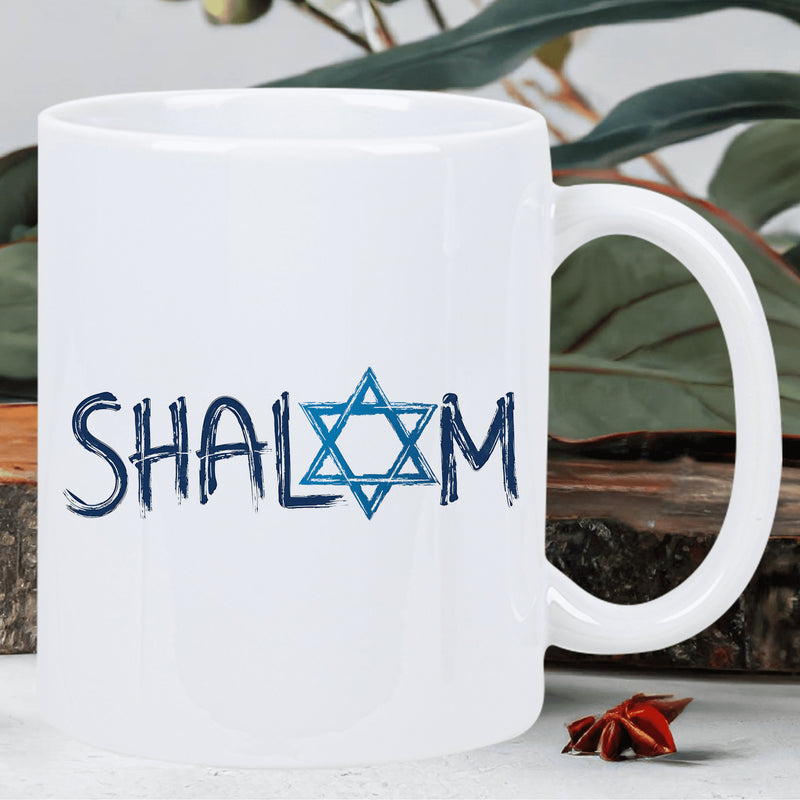 Tailorly White Ceramic 11 oz Mug - Shalom Artistic Hand Painted Blue Hexagram Set Within Sacred Geometric Shape Symbol