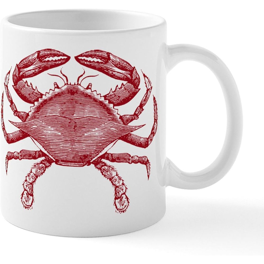 Tailorly White Ceramic 11 oz Mug - Vintage Red Detailed Crab Illustration With Sharp Claws And Textured Shell Crab