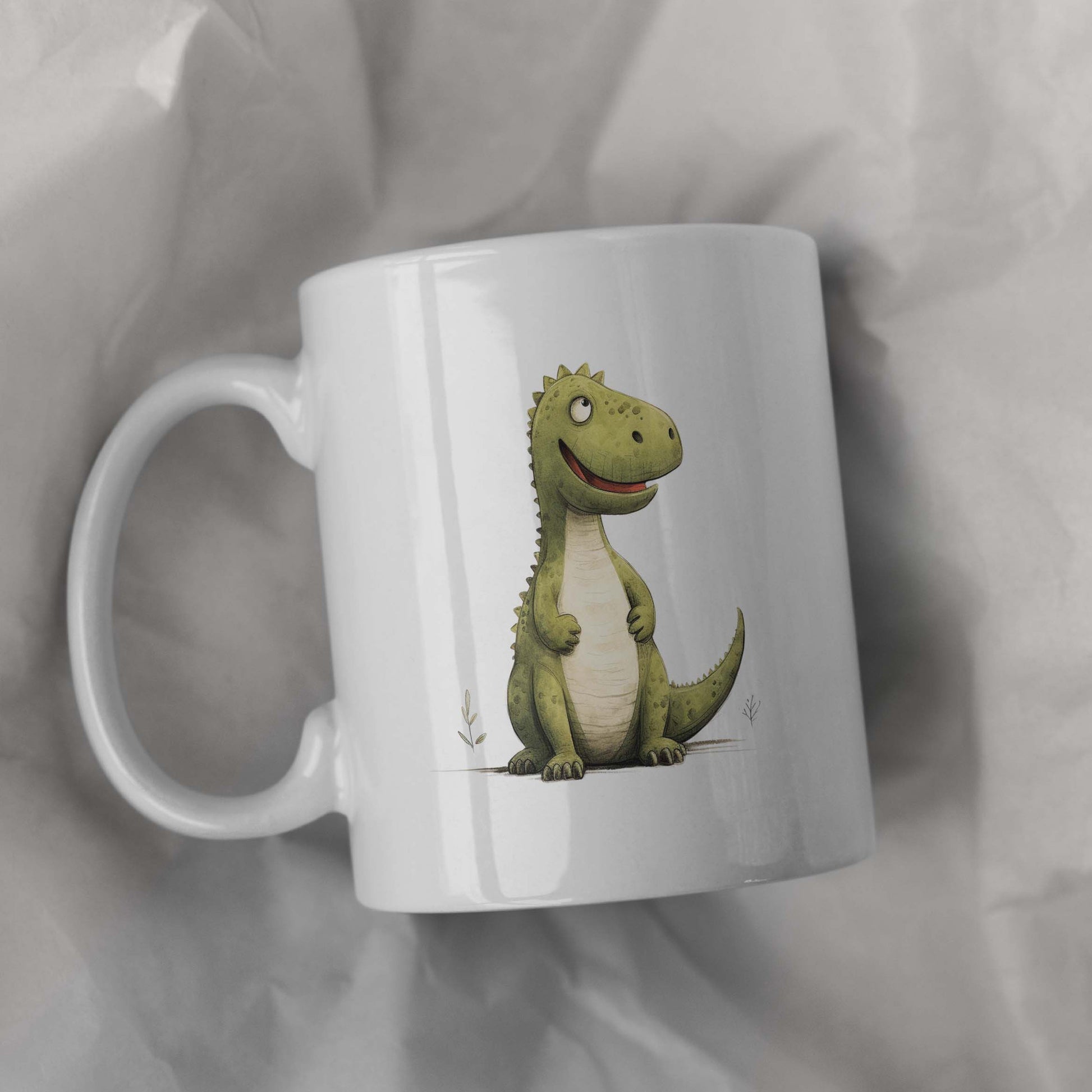 Tailorly White Ceramic 11 oz Mug - Friendly Green Cartoon Dinosaur With Sharp Spikes Standing Peacefully On Ground Dinosaur