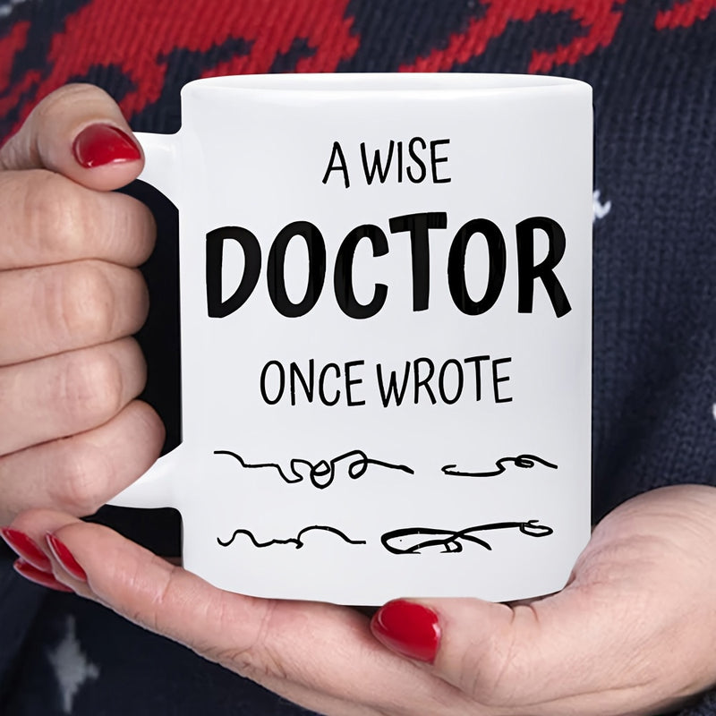 Tailorly White Ceramic 11 oz Mug - A Wise Doctor Once Wrote Hand Drawn Minimalist Abstract Lines Mimicking Messy Medical Note Scribble