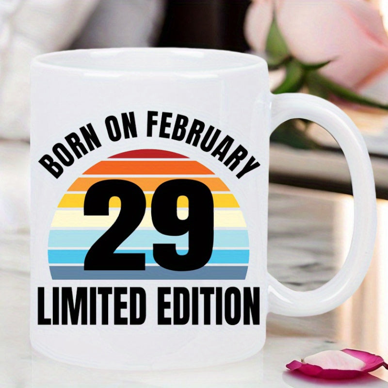 Tailorly White Ceramic 11 oz Mug - Born On February 29 Limited Edition Retro Styled Sunset With Multicolored Horizontal Stripes And Bold Centered Number Mug