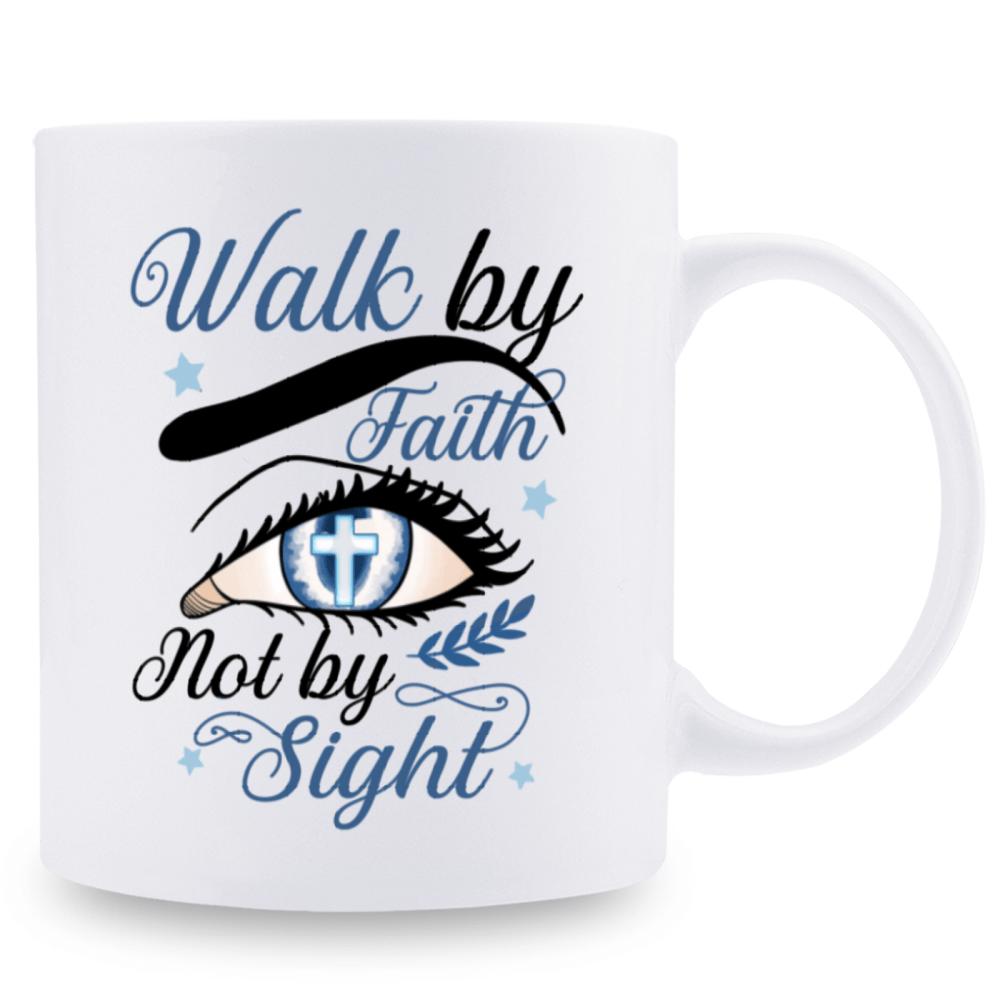 Tailorly White Ceramic 11 oz Mug - Walk By Faith Not By Sight Artistic Eye With Cross Symbol Surrounded By Twinkling Stars And Leaves Eye