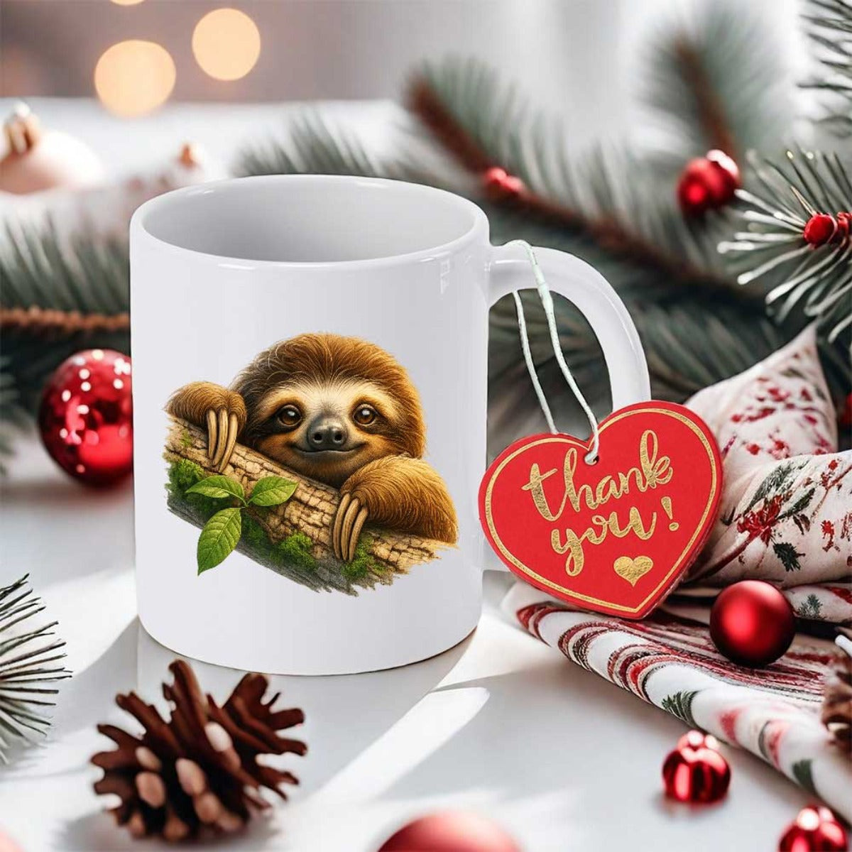 Tailorly White Ceramic 11 oz Mug - Thank You Adorable Brown Sloth Resting Comfortably On A Mossy Green Branch Sloth