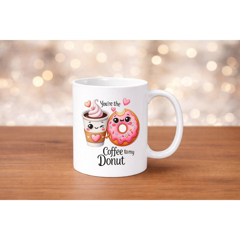 Tailorly White Ceramic 11 oz Mug - Youre The Coffee To My Donut Adorable Pink Glazed Pastry With Smiling Coffee Cup And Hearts Donut