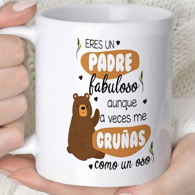 Tailorly White Ceramic 11 oz Mug - Smiling Cartoon Brown Bear With Small Hearts And Delicate Leaves Bear