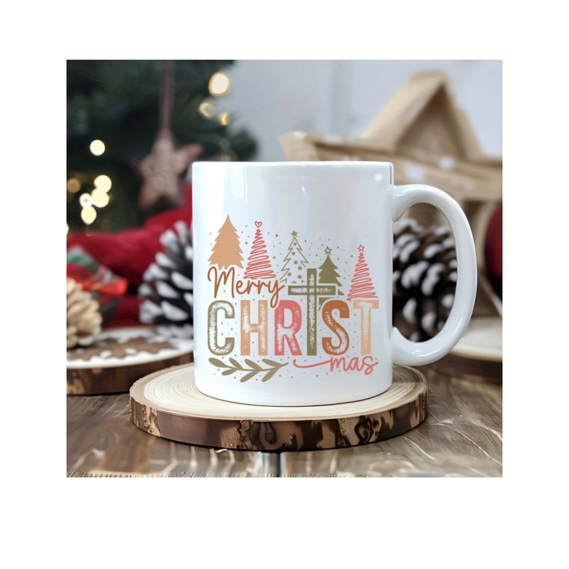 Tailorly White Ceramic 11 oz Mug - Merry Christmas Rustic Forest With Holy Symbolic Cross Under Textured Earthy Tone Tree
