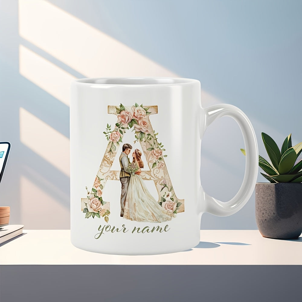Tailorly White Ceramic 11 oz Mug - Your Name Elegant Wedding Couple Standing Within A Floral Decorated Capital Letter Mug