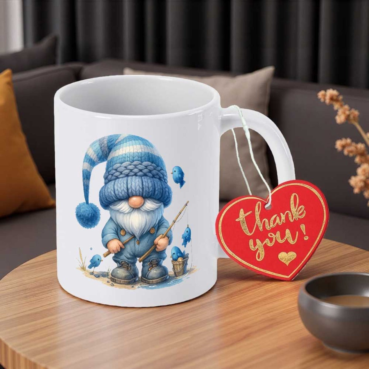 Tailorly White Ceramic 11 oz Mug - Thank You Charming Little Fisherman Wearing Blue Striped Hat Holding Fishing Pole Gnome