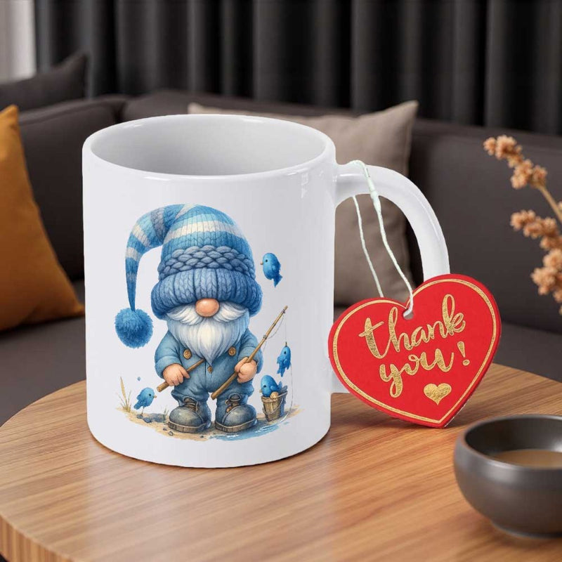 Tailorly White Ceramic 11 oz Mug - Thank You Charming Little Fisherman Wearing Blue Striped Hat Holding Fishing Pole Gnome
