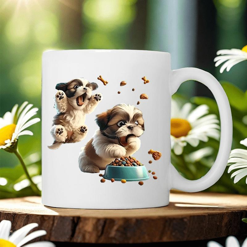 Tailorly White Ceramic 11 oz Mug - Playful Little Puppies Eating Treats And Jumping In Mid Air Dog