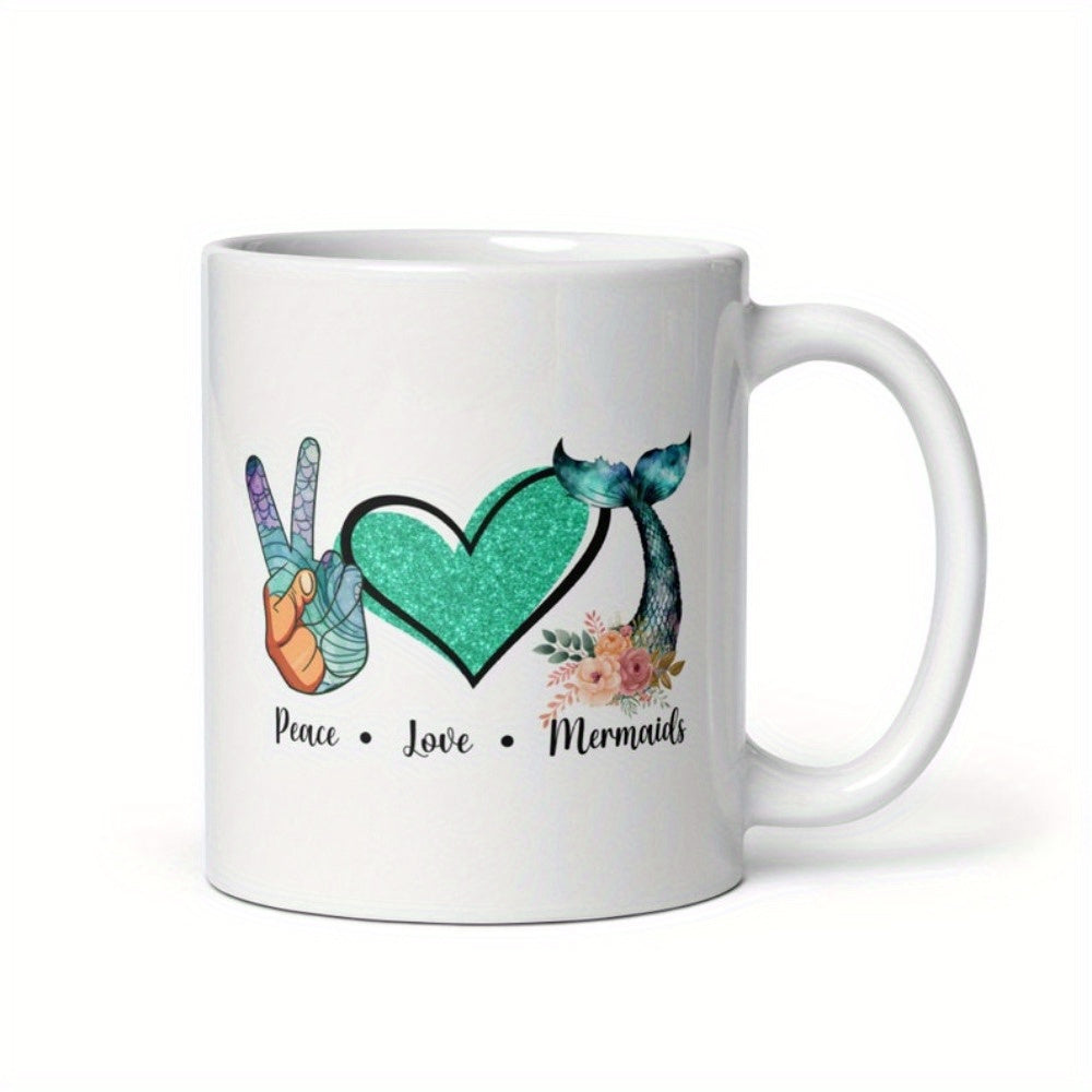 Tailorly White Ceramic 11 oz Mug - Peace Love Mermaids Glittering Teal Heart Peace Symbol With Delicate Flowers Tail Mermaid